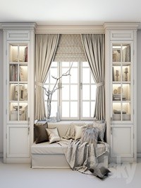 Soft area at the window - a sofa with pillows, blankets, curtains, cabinets and decor.