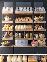 A large showcase in a bakery with bread and other products. Bakery products
