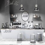 Minimalist coffee shop design. Coffee, coffee maker, coffee machine, grinder, lamp, bar, bar counter, coffee, coffee beans