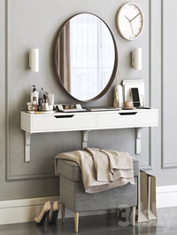 IKEA ALEX dressing table with STRANDMON ottoman and STOCKHOLM round mirror