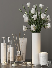 Decorative set with a bouquet of lisianthus and cosmetics