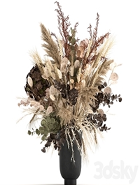 Beautiful lush bouquet of dried flowers in a vase with hydrangea, pampas Lunnik, spikelet, Barberry. 173