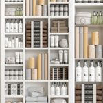 Cabinet with a collection of white cosmetics 3. Make Up and bathroom accessories