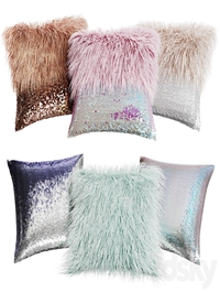 A set of decorative pillows with fur and sequins