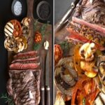 Baked meat with grilled vegetables with spices. meat plate