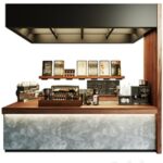 Design project of a coffee shop with a showcase with desserts and sweets and a coffee machine. Cafe