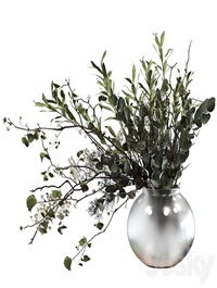 Bouquet of branches with foliage, sprigs of eucalyptus, olive and flowers